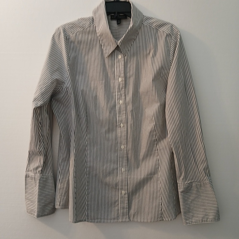 Lane Bryant Womens 18 Button Down Shirt Pinstripe Black White Long Sleeve Blouse